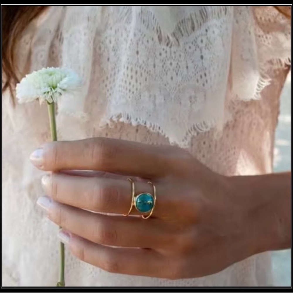 New Turquoise Horizon Gold Ring – Open Concept Band Statement Boho Ring - Picture 3 of 5